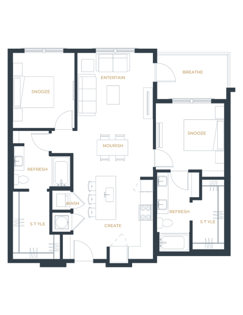 Floor plan for 2 beds, 2 baths, 1097 sqft